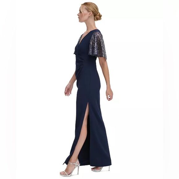 NWT DKNY | Navy Blue VvNeck Sequin Flutter Sleeve Gown 8 - Picture 3 of 13